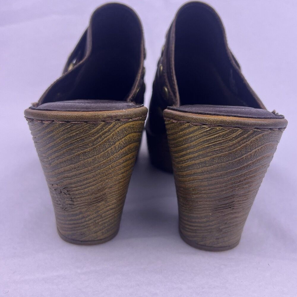 Born Brown Leather Platform Mules Chunky High Heel Clogs Studded Buckle Size 11 - Picture 9 of 16